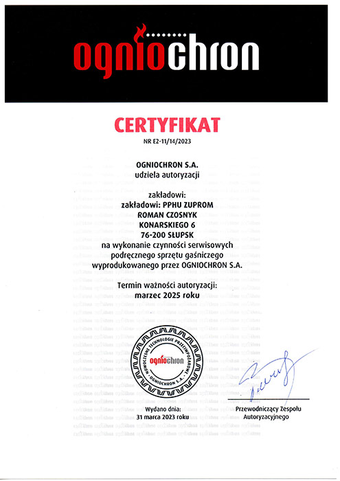 Certyfikat firmy OGNIOCHRON