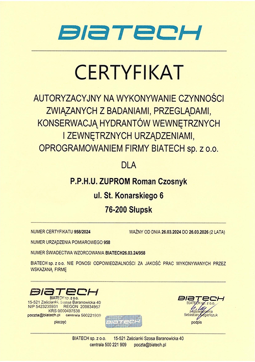 Certyfikat firmy BIATECH
